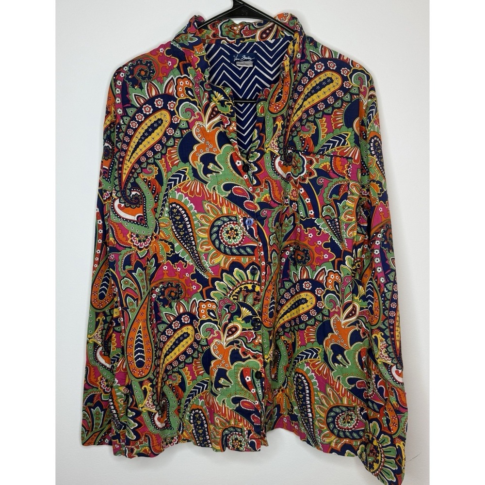 Vera Bradley Top Women‎ L Blue Paisley Button Front Blouse Colorful Preppy